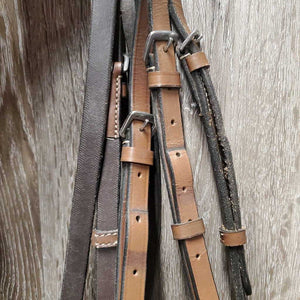 FS/Rsd Padded Bridle, Plain Reins *gc, dry, stiff, clean, scraped edges, stains, mnr mismatched