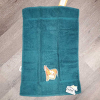 Towel Set: Bath, hand & wash cloth, horse appliques *gc/fair, clean, faded, frayed edges, clumpy, shrunk? horses
