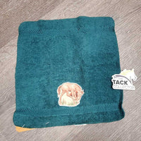 Towel Set: Bath, hand & wash cloth, horse appliques *gc/fair, clean, faded, frayed edges, clumpy, shrunk? horses
