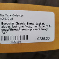 Show Jacket, zipper, buttons *vgc, mnr faded? & snag/thread, seam puckers
