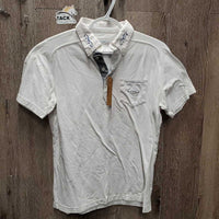 MENS SS Show Polo Shirt, 1/4 Button up *gc, puckered collar, dingy?, snags
