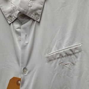 MENS LS Show Shirt *gc, puckers, dingy, crinkled & puckered cuffs & collars, popped pit seams