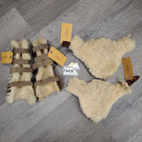 Open Front & Hind Leather Boots, wool, tabs *gc/fair, older, clean, stains, hairy, stiff, rubs, faded, stitching, discolored
