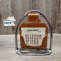 Metal Horseshoe Infinity Calendar, leather holder *gc, mnr scuffs, torn leather, crackles
