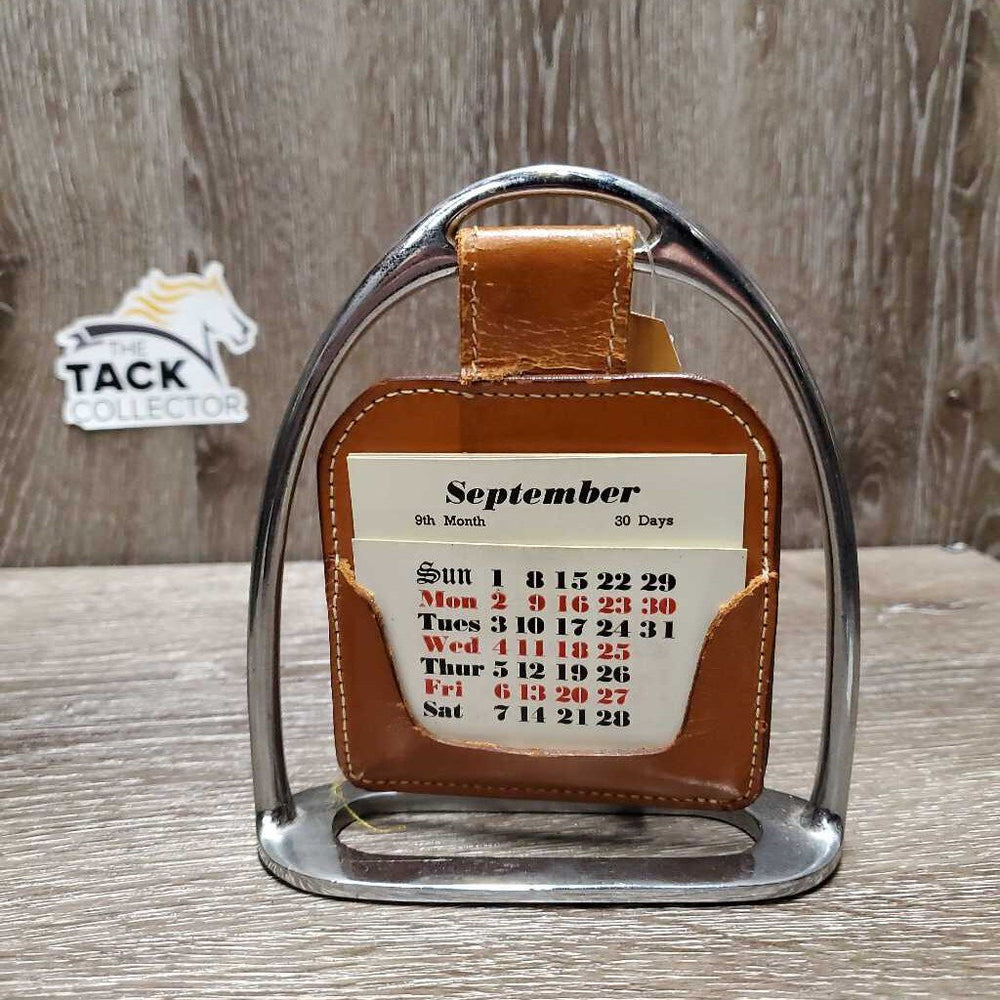 Metal Horseshoe Infinity Calendar, leather holder *gc, mnr scuffs, torn leather, crackles