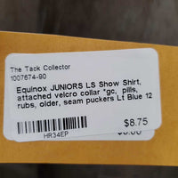 JUNIORS LS Show Shirt, attached velcro collar *gc, pills, rubs, older, seam puckers
