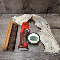 Boot Polishing Kit: Kiwi Brush, Brown Shine, Black Shoe Cream, Sponge, Cloth, bag *vgc, almost full, clean
