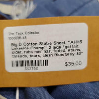 Cotton Stable Sheet, "AHHS Lakeside Champ", 2 legs *gc/fair, older, rubs mnr hair, faded, stains, threads, tears, clean
