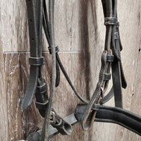 Dressage Bridle, Rubber Reins, "Pink" Browband, Crank, buckles *N0 Flash, gc, mnr residue, scraped edges, mismatched *Reins: creases, crackles/splits, dry, stiff, scraped edges

