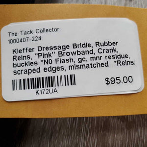 Dressage Bridle, Rubber Reins, "Pink" Browband, Crank, buckles *N0 Flash, gc, mnr residue, scraped edges, mismatched *Reins: creases, crackles/splits, dry, stiff, scraped edges