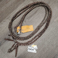 Round Braided Leather Split Reins, quick clip ends *gc, mnr dirt, rubs, cut braid
