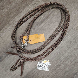 Round Braided Leather Split Reins, quick clip ends *gc, mnr dirt, rubs, cut braid