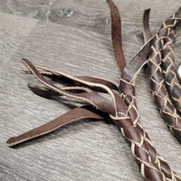 Round Braided Leather Split Reins, quick clip ends *gc, mnr dirt, rubs, cut braid
