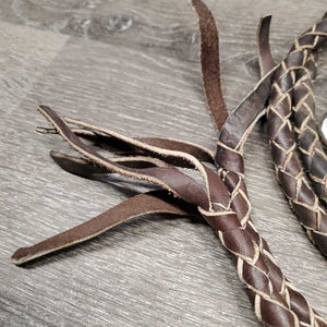 Round Braided Leather Split Reins, quick clip ends *gc, mnr dirt, rubs, cut braid