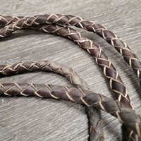 Round Braided Leather Split Reins, quick clip ends *gc, mnr dirt, rubs, cut braid
