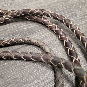 Round Braided Leather Split Reins, quick clip ends *gc, mnr dirt, rubs, cut braid