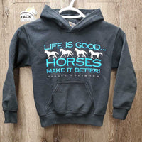 JUNIORS Hvy Sweatshirt Hoodie "Life is Good, Horses Make it Better" *gc, hairy, faded, pills/rubs, clumpy inside
