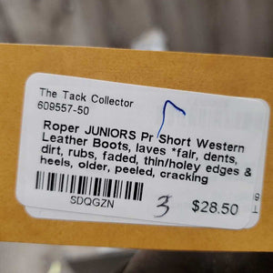 JUNIORS Pr Short Western Leather Boots, laves *fair, dents, dirt, rubs, faded, thin/holey edges & heels, older, peeled, cracking