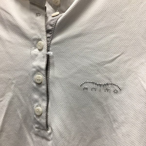 JUNIORS SS Polo Show Shirt, 1/4 Button Up, attached Button Collar *gc/fair, mnr stains, pits, v.puckered collar