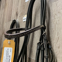 Dressage Double Bridle, Clinker Nose & Brow, 2 prs Plain Reins *vgc, clean, dusty, stiff, xholes, older
