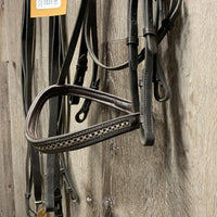 Dressage Double Bridle, Clinker Nose & Brow, 2 prs Plain Reins *vgc, clean, dusty, stiff, xholes, older
