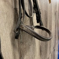 Dressage Double Bridle, Clinker Nose & Brow, 2 prs Plain Reins *vgc, clean, dusty, stiff, xholes, older
