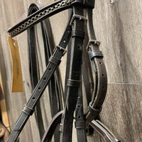 Dressage Double Bridle, Clinker Nose & Brow, 2 prs Plain Reins *vgc, clean, dusty, stiff, xholes, older
