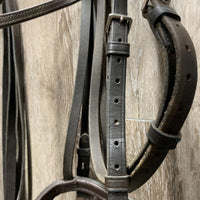 Dressage Double Bridle, Clinker Nose & Brow, 2 prs Plain Reins *vgc, clean, dusty, stiff, xholes, older
