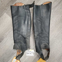 Leather Half Chaps, Back Zips *gc/fair, 0 Snaps & sharp, dirt, rubs, lining: torn & thin, unstitched seam