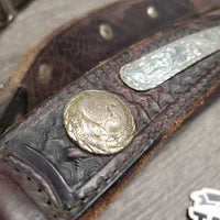 Basket Weave Leather Western Breast Collar, Silver Conchos, Engraved Metal Added *gc, dirt, rusty screws, rubs, scuffs
