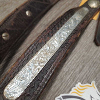 Basket Weave Leather Western Breast Collar, Silver Conchos, Engraved Metal Added *gc, dirt, rusty screws, rubs, scuffs
