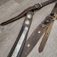 Basket Weave Leather Western Breast Collar, Silver Conchos, Engraved Metal Added *gc, dirt, rusty screws, rubs, scuffs
