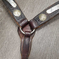 Basket Weave Leather Western Breast Collar, Silver Conchos, Engraved Metal Added *gc, dirt, rusty screws, rubs, scuffs
