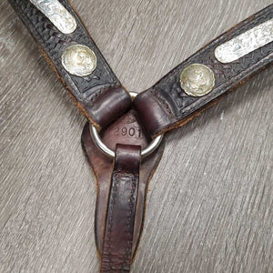 Basket Weave Leather Western Breast Collar, Silver Conchos, Engraved Metal Added *gc, dirt, rusty screws, rubs, scuffs