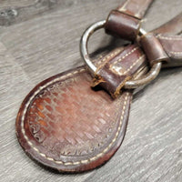 Basket Weave Stamped Leather Western Breast Collar *gc, dirt, dry, crackles, split leather at center ring, rubs, rust, 1 missing strap
