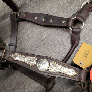 Thick Leather Western Horsemanship Halter, silver *vgc, clean, mnr scraped edges & film