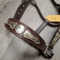 Thick Leather Western Horsemanship Halter, silver *vgc, clean, mnr scraped edges & film
