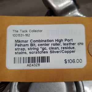 Combination High Port Pelham Bit, center roller, leather chin strap, string *gc, clean, residue, stains, scratches