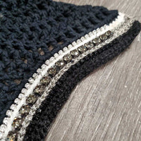 Crochet Ear Bonnet Fly Veil, 2x piping, 3x bling *gc, faded, ear snags, older, inner stains, frayed edges
