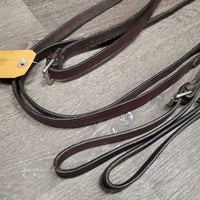 Pr Narrow Leather Draw Reins, loop ends, roller buckles *vgc, clean, film, residue, stains
