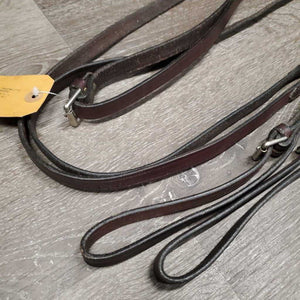 Pr Narrow Leather Draw Reins, loop ends, roller buckles *vgc, clean, film, residue, stains