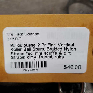 Pr Fine Vertical Roller Ball Spurs, Braided Nylon Straps *gc, mnr scuffs & dirt Straps: dirty, frayed, rubs