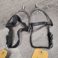 Pr Light POW Spurs, leather & braided spur straps *gc, scratches, dirty, bubbled, rust, widened, mismatched
