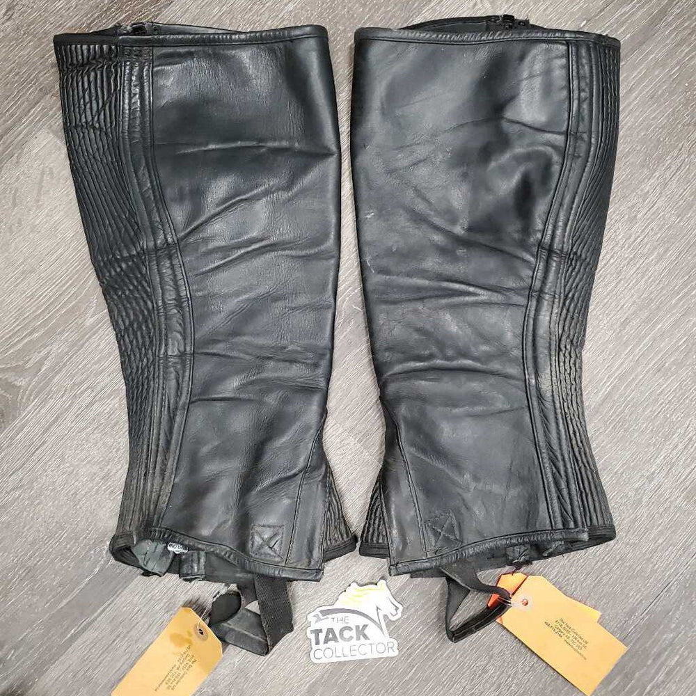 Leather Half Chaps *gc/fair, unstitched, dirty, stains, creases, rubs, curled edges, loose snap