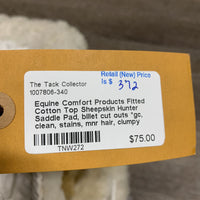 Fitted Cotton Top Sheepskin Hunter Saddle Pad, billet cut outs *gc, clean, stains, mnr hair, clumpy fleece, rubbed edges
