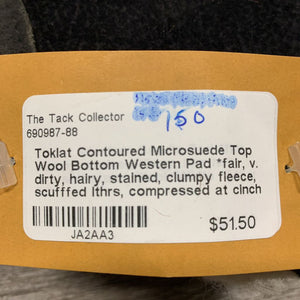 Contoured Microsuede Top Wool Bottom Western Pad *fair, v. dirty, hairy, stained, clumpy fleece, scufffed lthrs, compressed at cinch