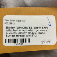 JUNIORS SS Show Shirt, attached snap collar *gc, seam puckers, older? dingy?, loose button thread
