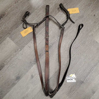 Flat Breastplate, Standing Martingale Attachment *fair, stiff, dry, chewed, older, shortened?, replaced/repaired stitching, dirt, dents, film, xholes, rust, dents, crack
