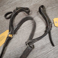 Flat Breastplate, Standing Martingale Attachment *fair, stiff, dry, chewed, older, shortened?, replaced/repaired stitching, dirt, dents, film, xholes, rust, dents, crack
