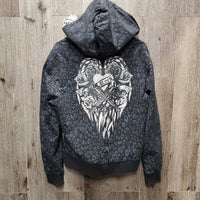 Faux Fur Lined Sweatshirt Hoodie, bling, zipper *gc, missing bling, faded, thread
